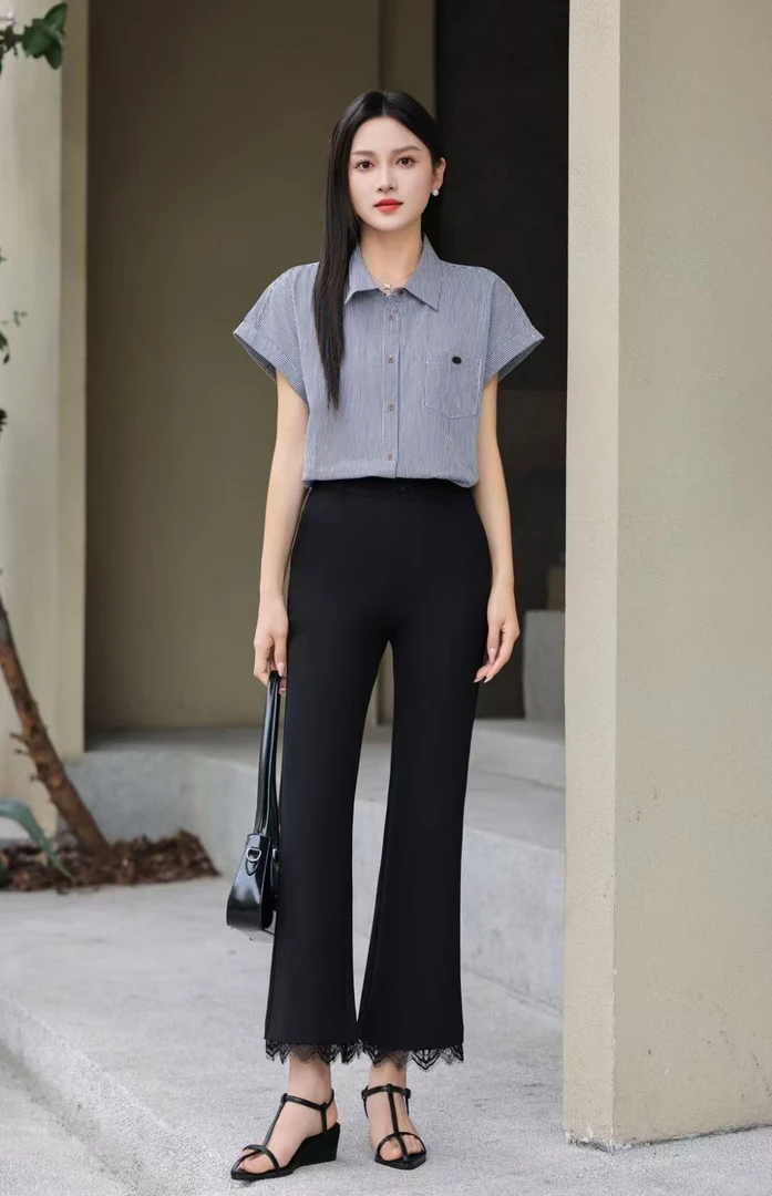 夏季薄款蕾丝拼接微喇高腰九分裤6538