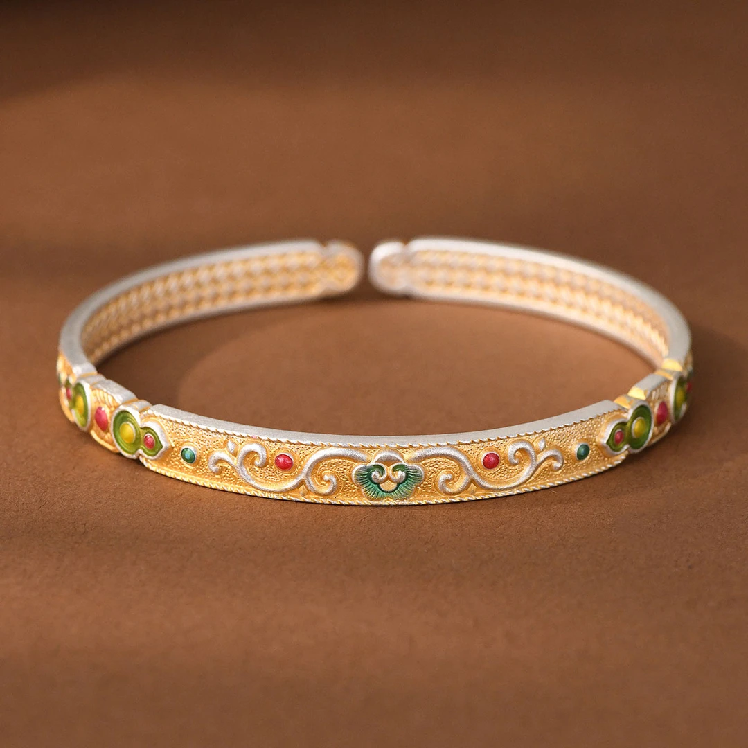 足银手镯 足银葫芦手镯女国潮新中式珐琅女实心复古国风烧蓝手镯