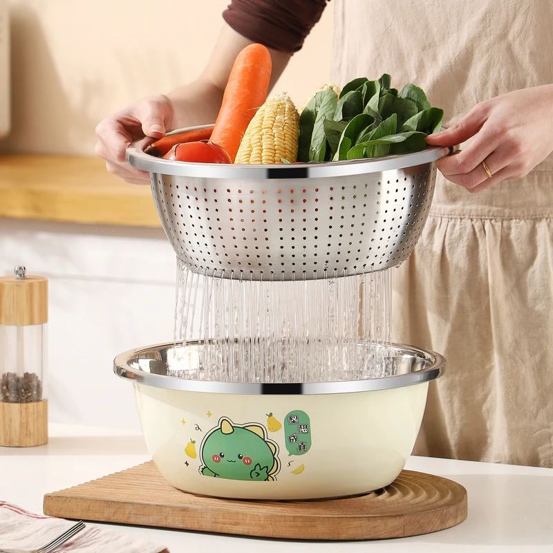 【两件套】卡通恐龙不锈钢盆沥水篮家用厨房料理洗菜盆和面揉面盆
