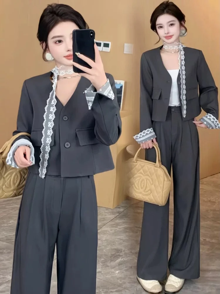 小香风时尚套装女春秋新款气质V领蕾丝西装外套阔腿裤休闲两件套