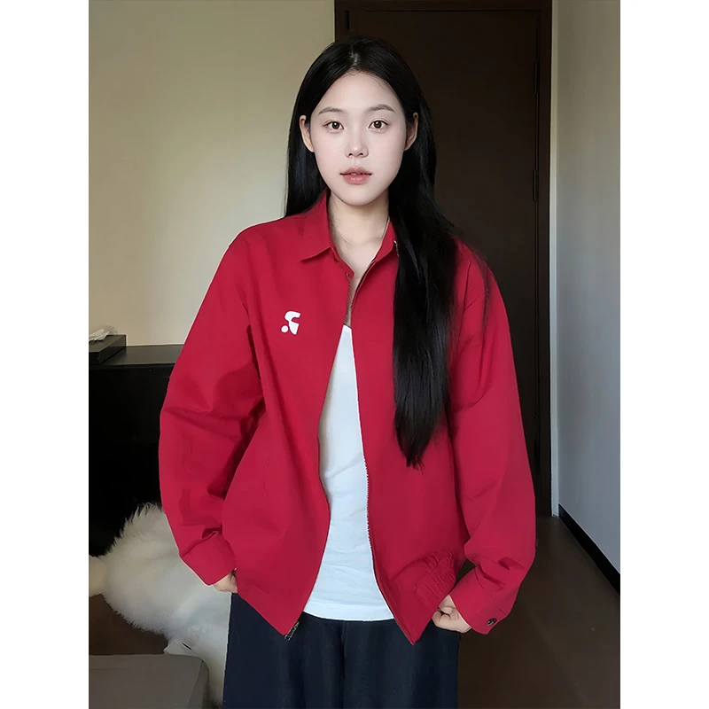 刺绣红色夹克女美式复古百搭休闲外套男高级感潮牌拉链情侣棒球服