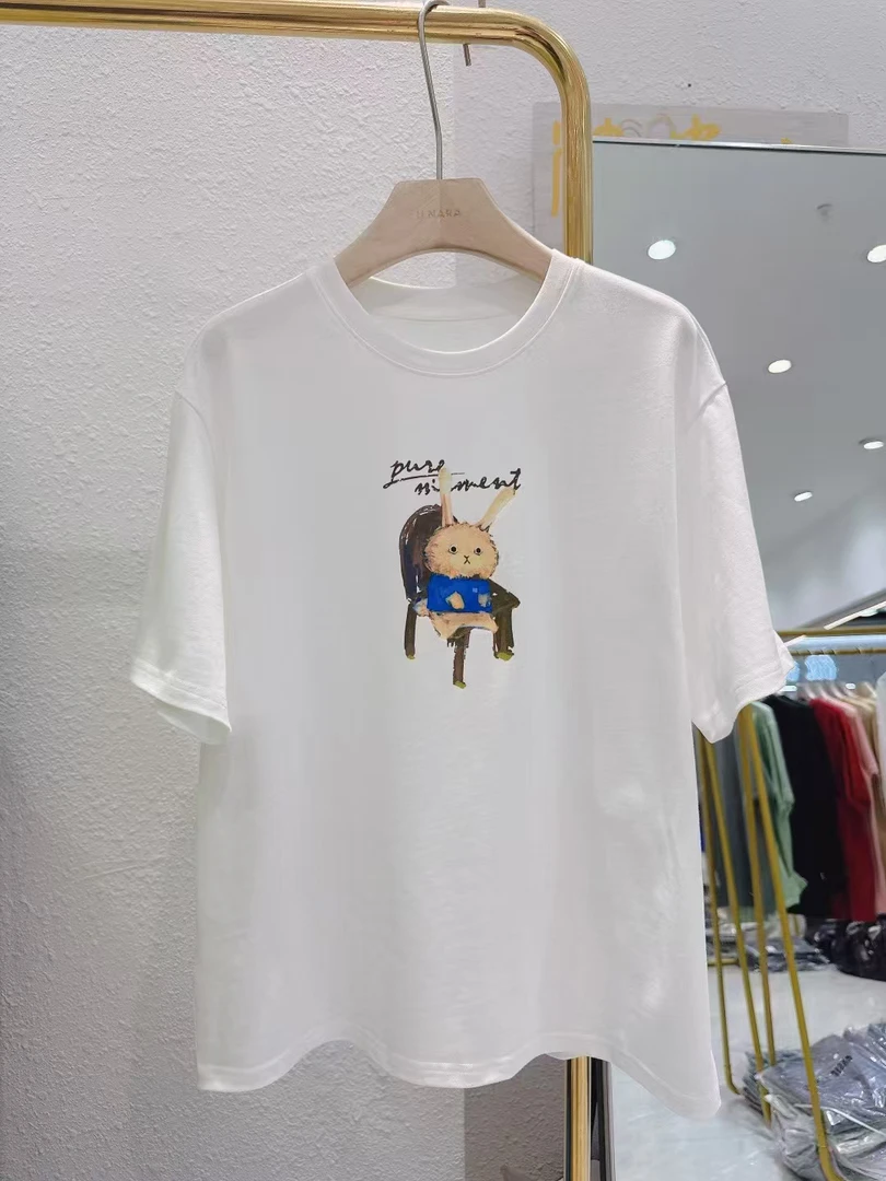 麦 韩版小兔印花宽松圆领短袖T恤白色文艺减龄女士上衣