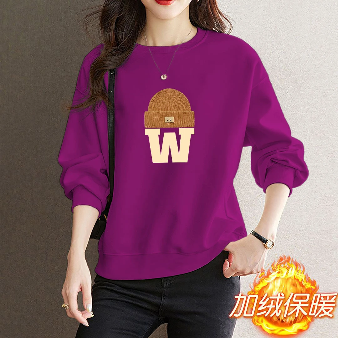 2024春秋冬新款印花打底衫女洋气休闲卫衣长袖加绒加厚圆领上衣潮