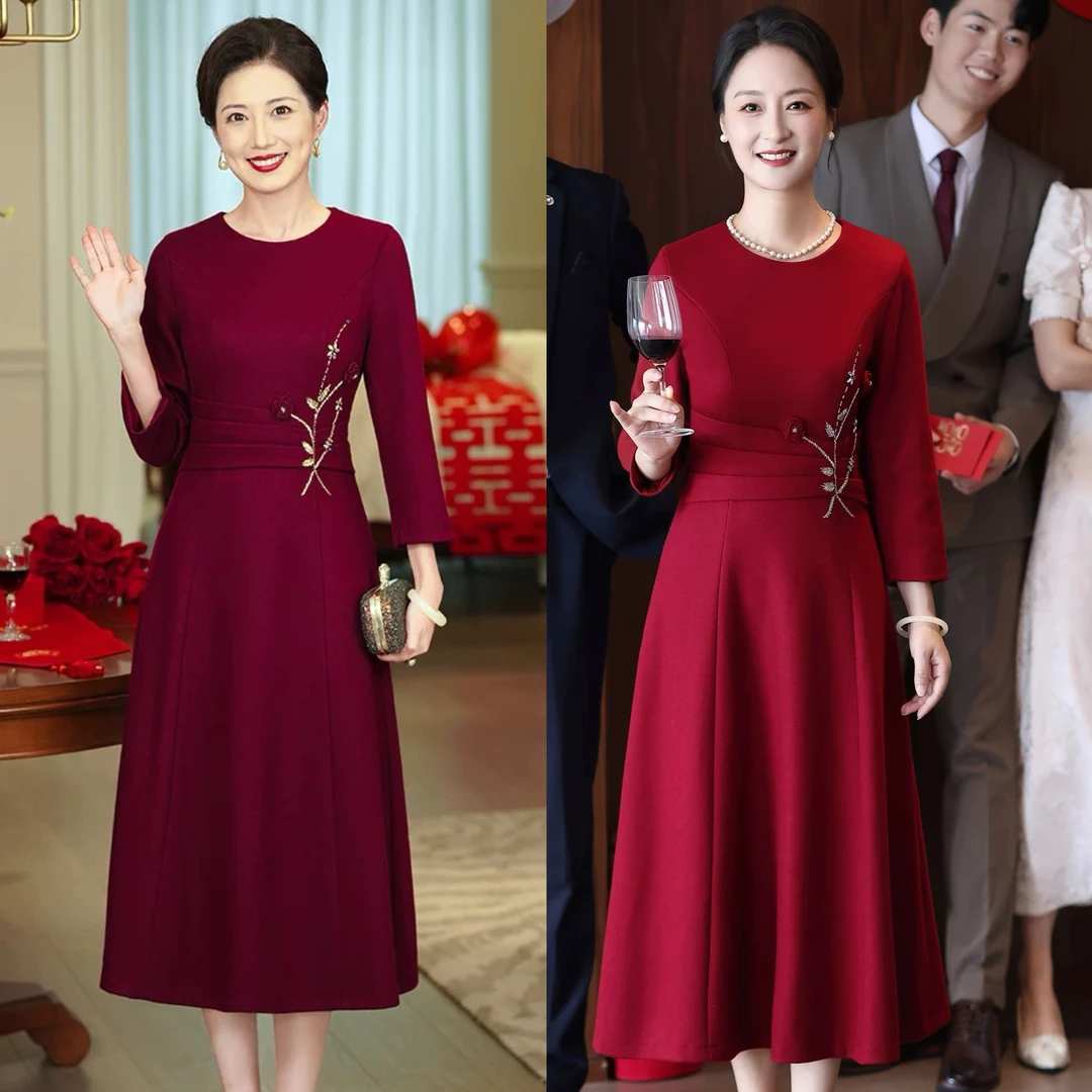 2025冬季款羊毛长袖保暖紫红礼服裙喜婆婆妈妈婚宴加厚优雅气质S