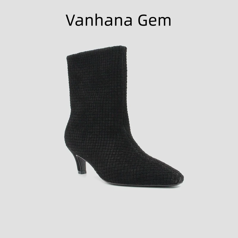VANHANA GEM 法式不累脚真皮简约高跟靴春季尖头时装靴女短靴