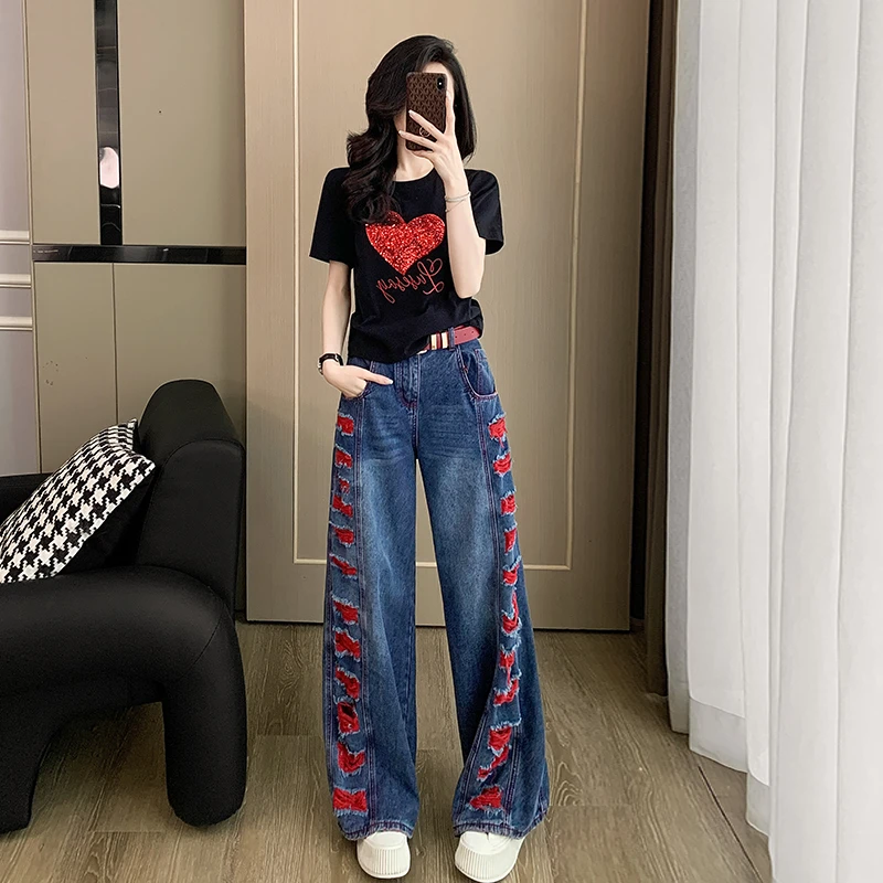 2025夏季新款小众炸街女时尚套装减龄修身T恤阔腿牛仔裤两件套潮