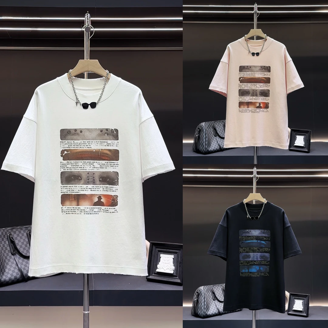 美式复古休闲潮流个性小众字母做旧磨毛印花设计男士夏季纯棉短袖