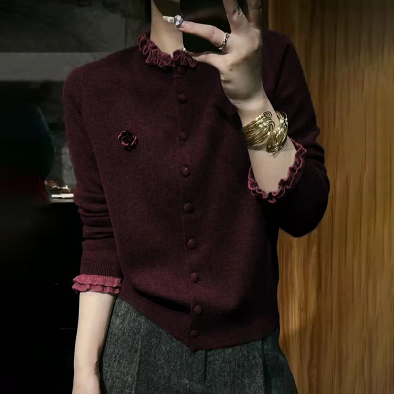 2025秋冬红色毛衣女士新款慵懒高级感木耳边立领打底针织开衫上衣