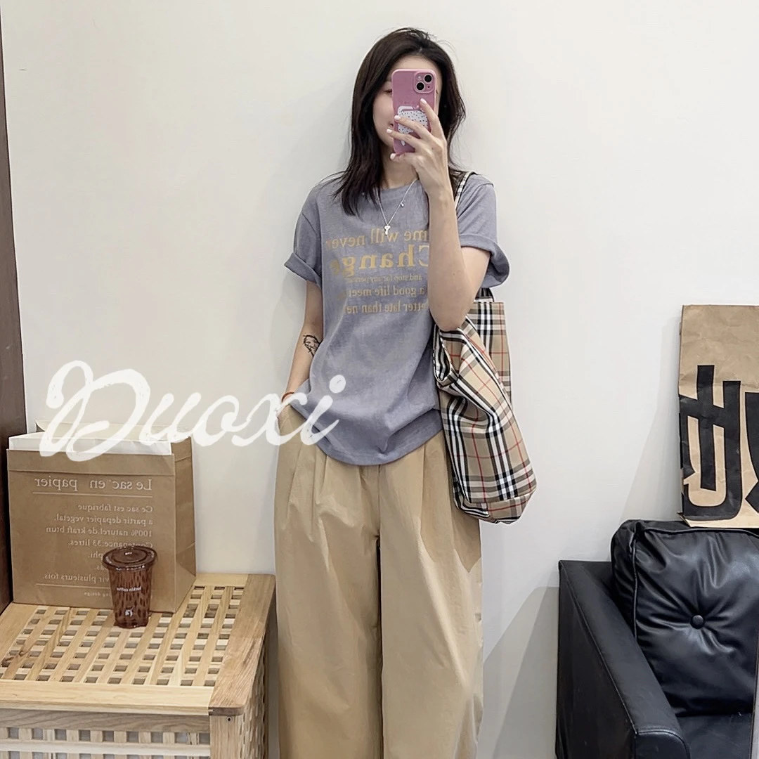 【Duoxi】"雾感印记"G2620# 满分肌理感麻棉印花圆领百搭正肩T恤