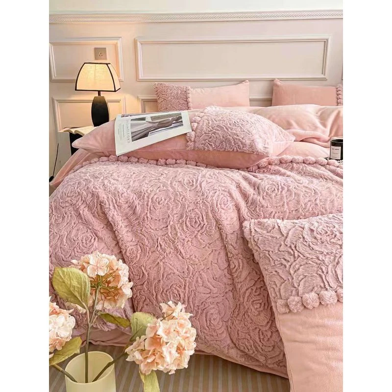 2024轻奢新款高克重加厚保暖玫瑰兔兔绒四件套加绒高档