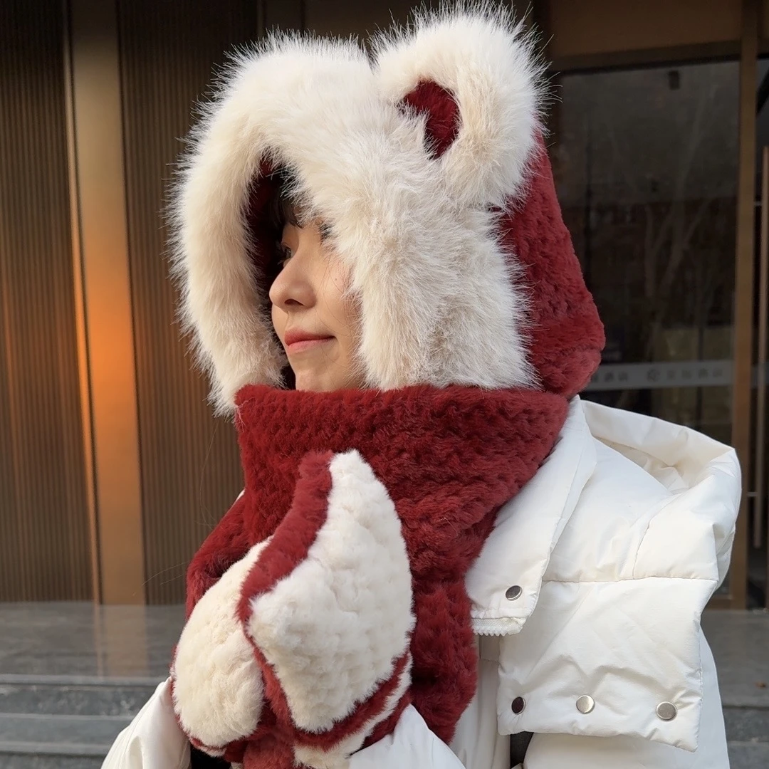 毛绒小熊帽子围巾手套一体女冬季2024新款防寒保暖加厚护耳帽