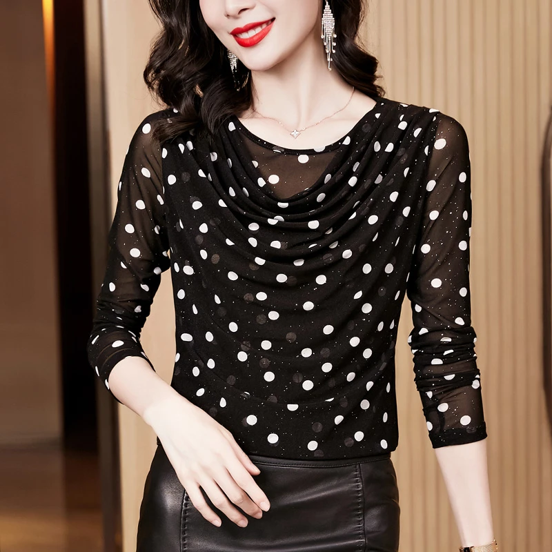 韩版秋装新款圆领堆堆领网纱打底衫女修身波点长袖上衣洋气小衫潮