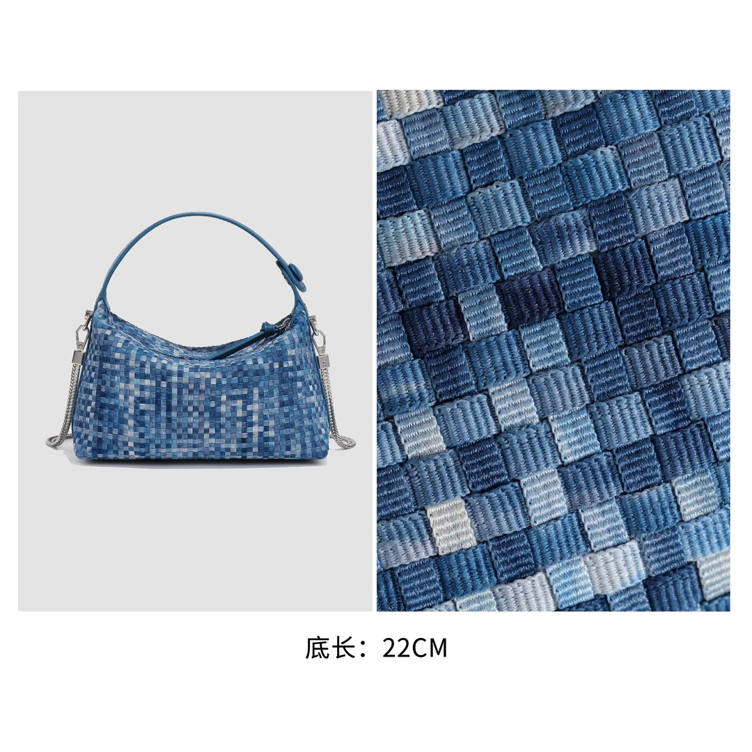春夏手工编织饭盒包时尚百搭手提斜跨包女B1730-2-扎染蓝
