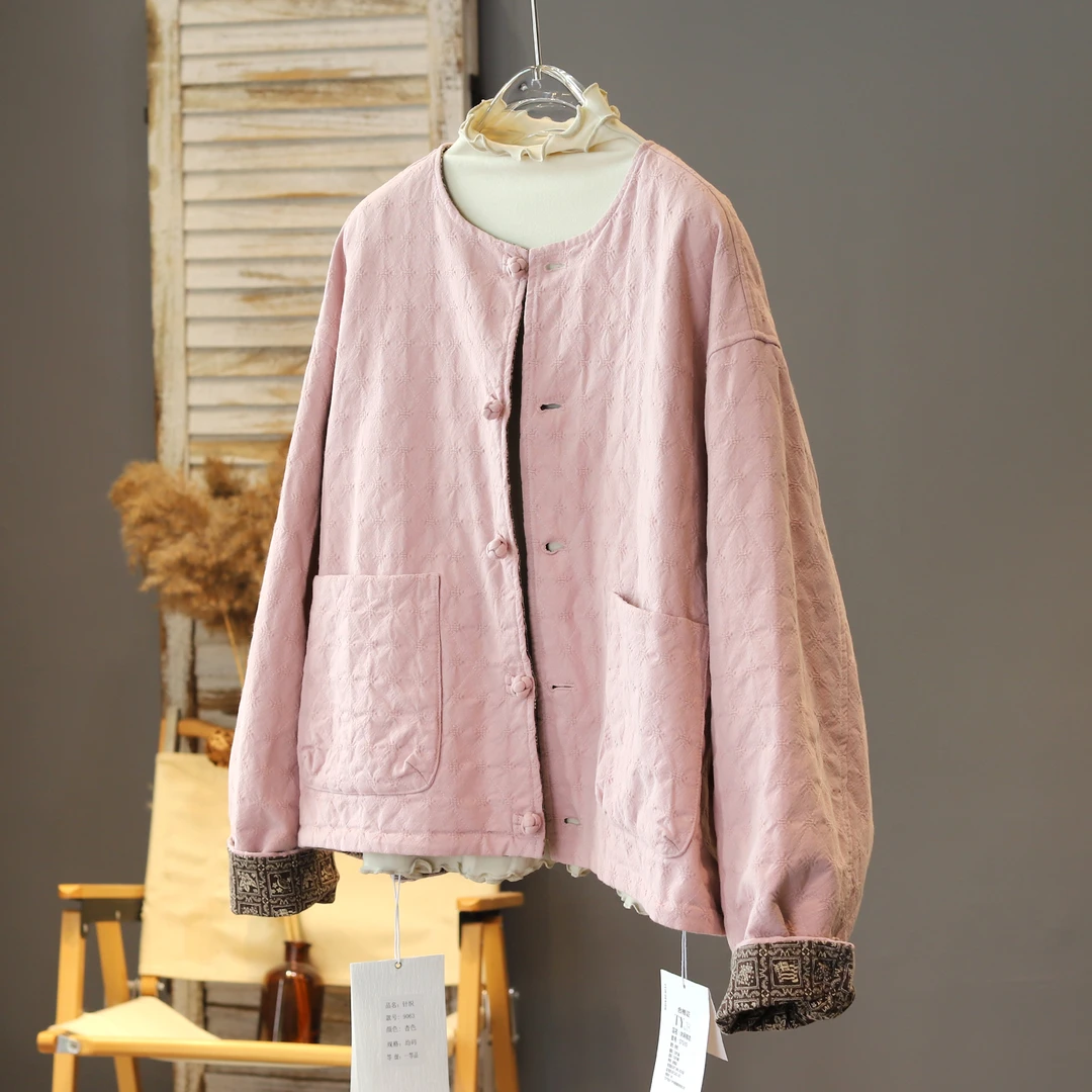 宽松2025冬款上新TY刺绣夹棉盘扣休闲复古棉衣显瘦圆领百搭棉服女