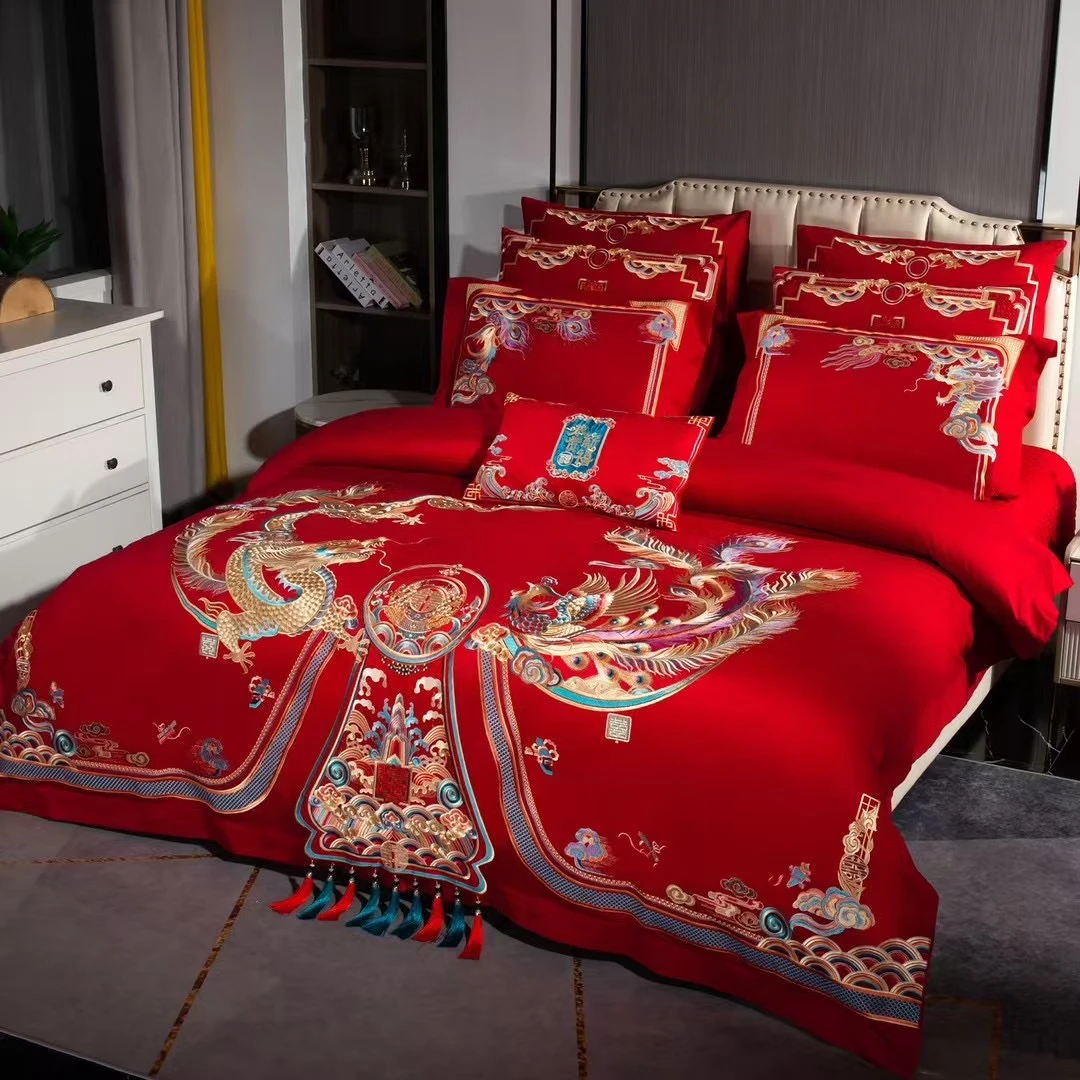 龙凤贺喜高端刺绣匹马棉婚庆四件套结婚大红色陪嫁中式床品六件套
