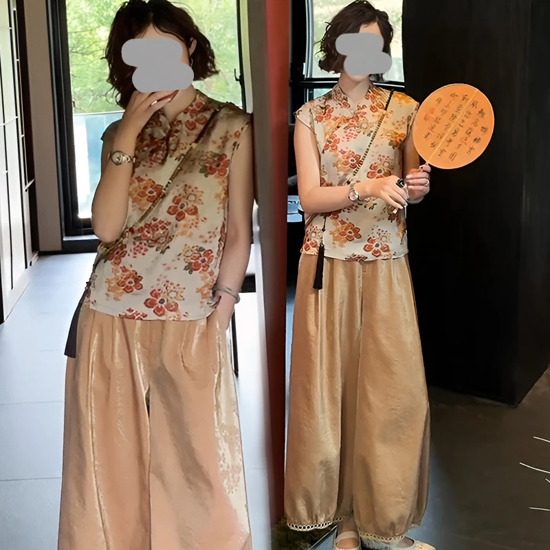 2025超火夏装一整套新中式国风盘扣雏菊短袖马甲上衣长裤两件套潮