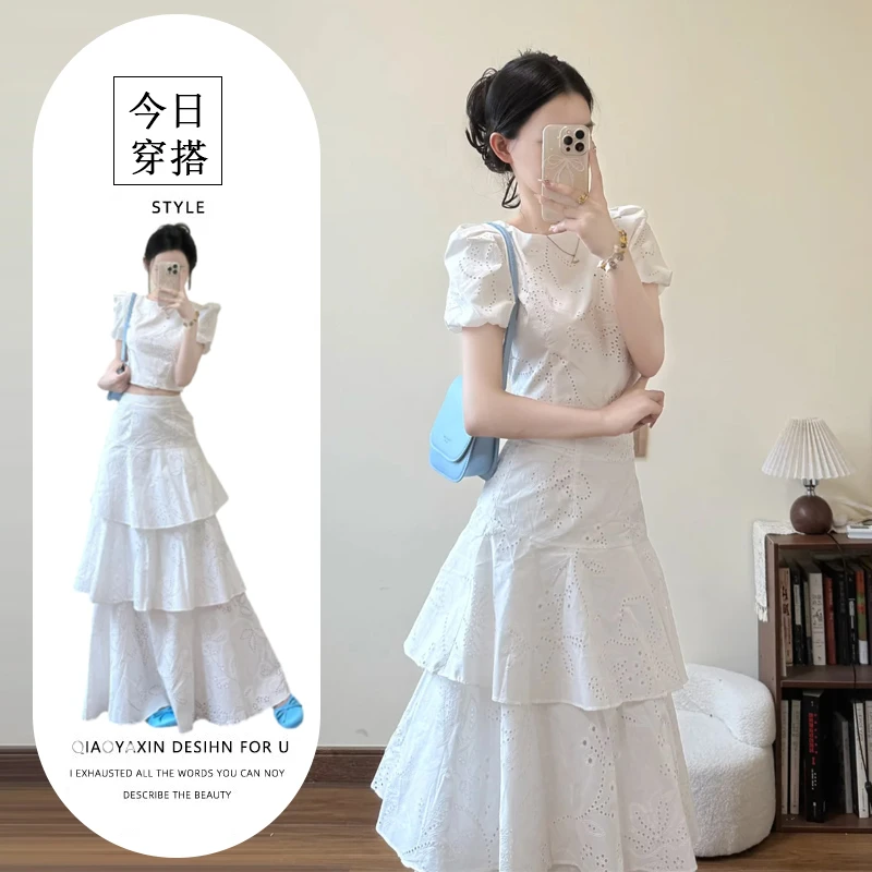 绝美套装白色泡泡袖衬衫上衣女装夏季蛋糕裙半身裙度假穿搭两件套