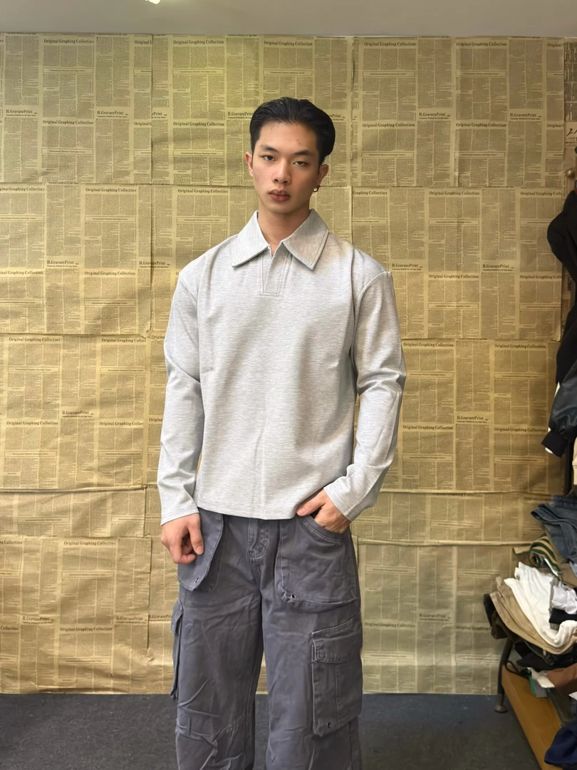YU811  美式复古polo v领长袖男女宽松休闲百搭秋季打底衫上衣潮