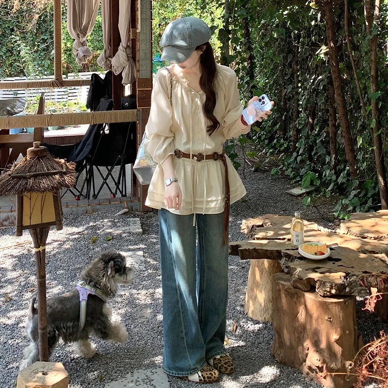 法式复古长袖防晒衬衫女夏季宽松显瘦木耳边衬衣收腰显瘦上衣2484