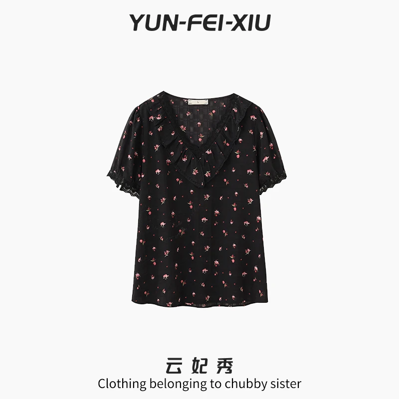 云妃秀大码女装雪纺衫时尚休闲胖妹妹气质宽松显瘦上衣夏22128