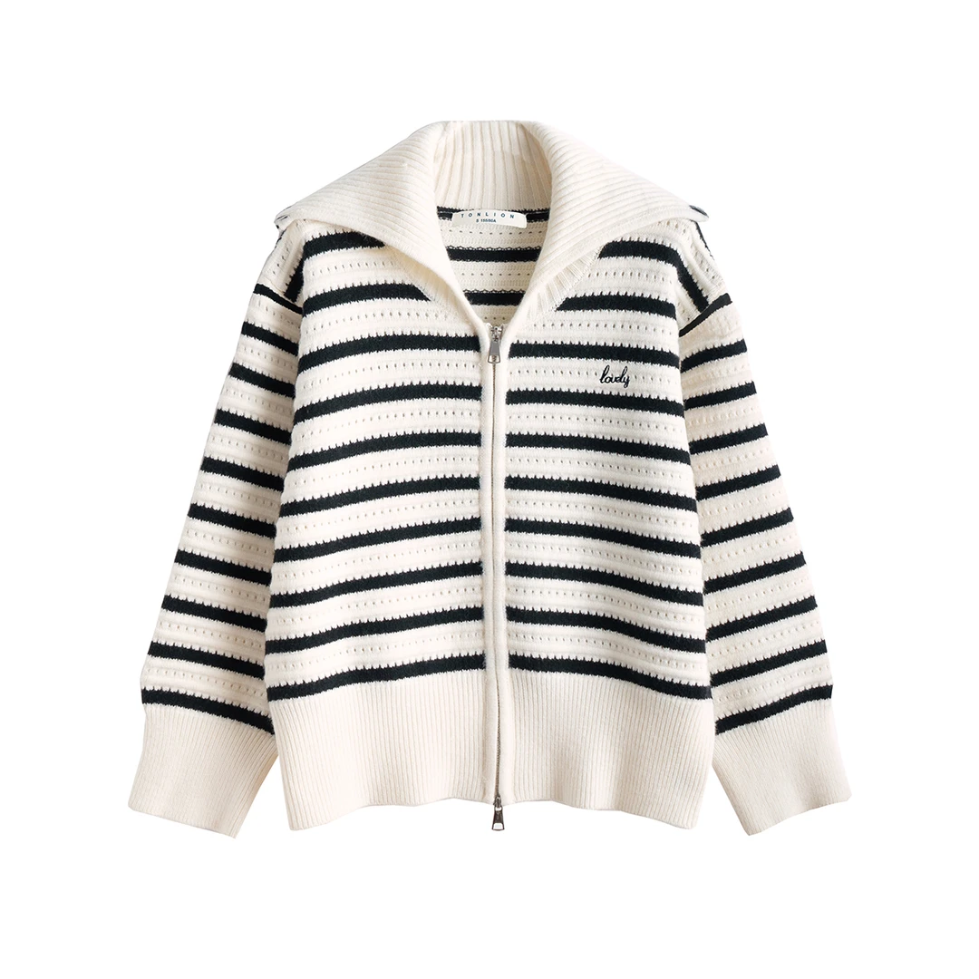 【DF奢品仓】秋冬条纹设计翻领拉链开衫女针织外套春秋高级感针织衫