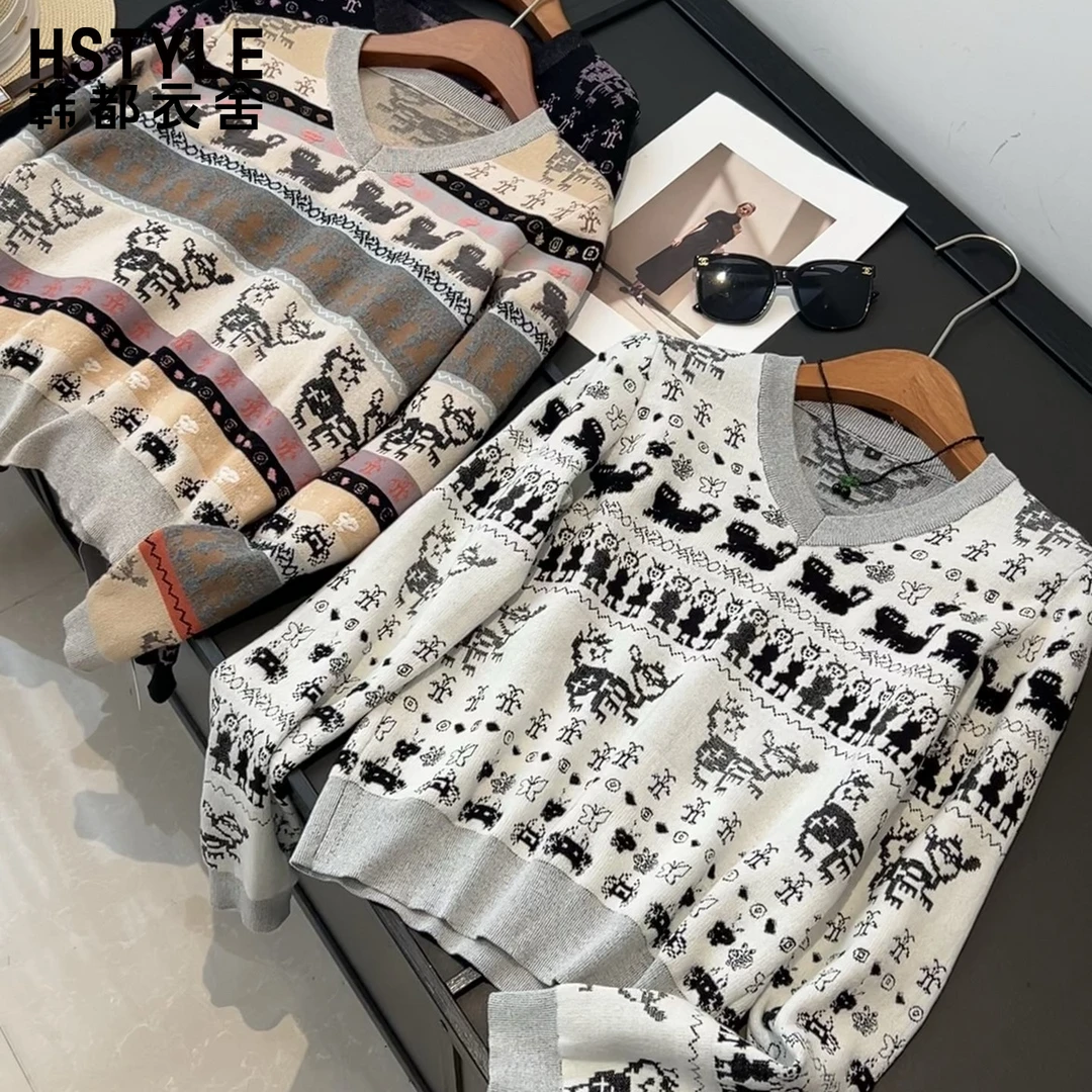 V领提花针织衫女复古慵懒风小众通勤时尚套头毛衣秋新款