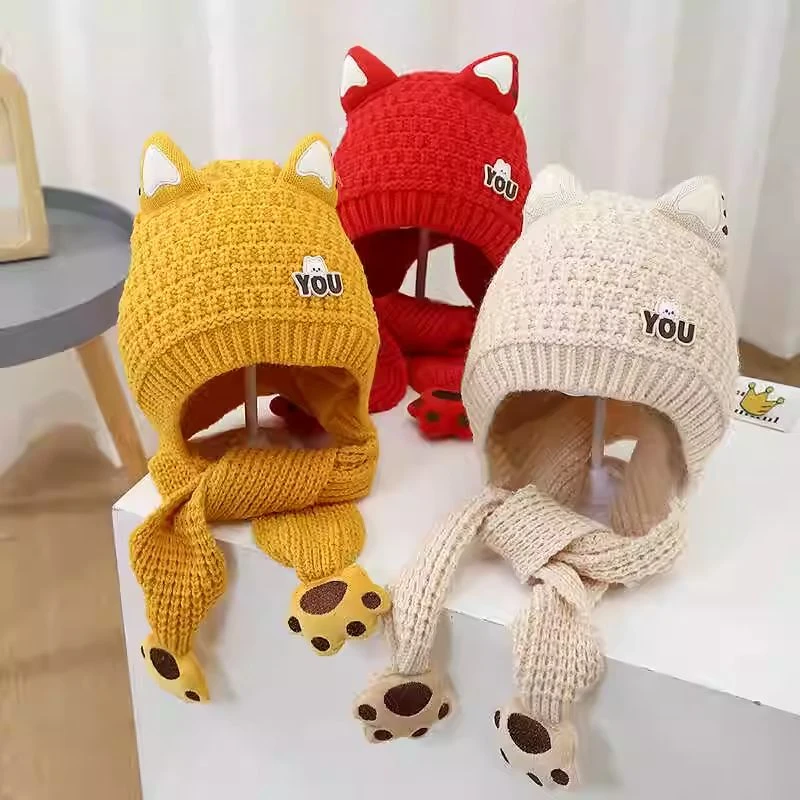 秋冬季宝宝帽子围脖一体可爱儿童护耳帽加绒保暖男女童毛线帽套头