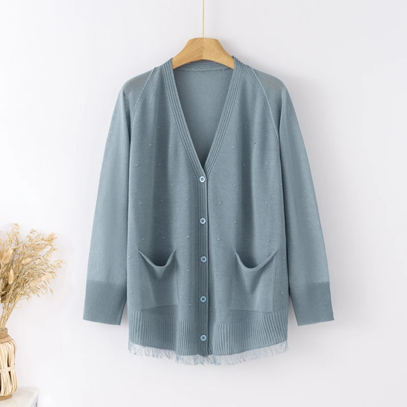 万九儿早秋款冰麻外搭开衫款女长袖V领薄款宽松型防晒衫59187