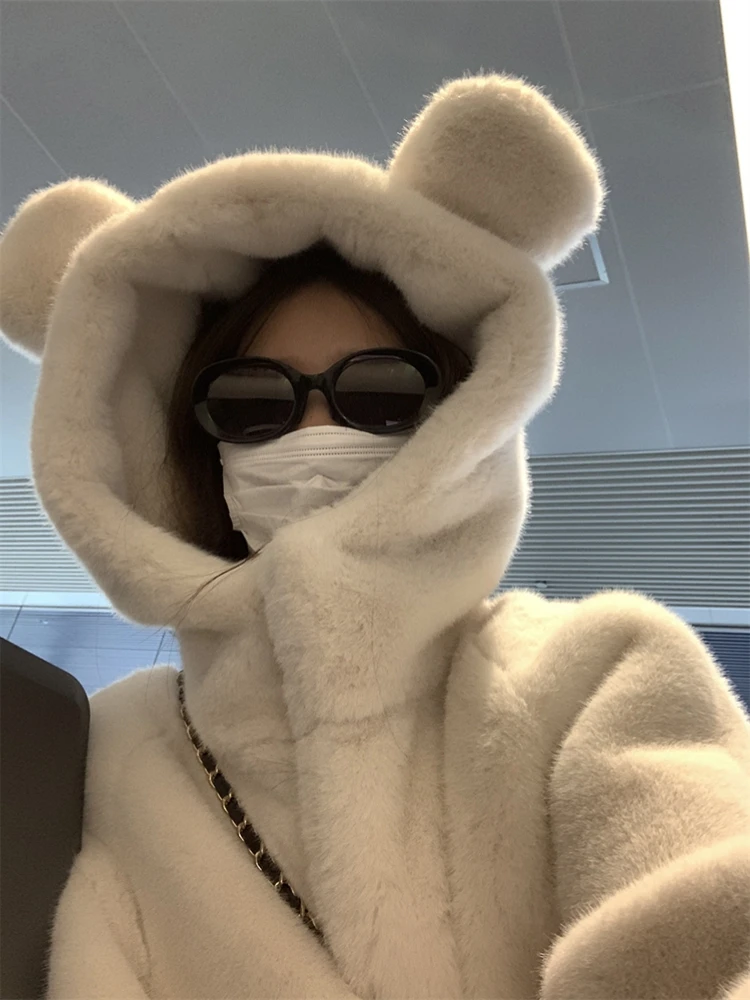 人造皮草 冬季可爱小熊耳朵仿皮草外套女连帽皮毛一体貂毛毛大衣