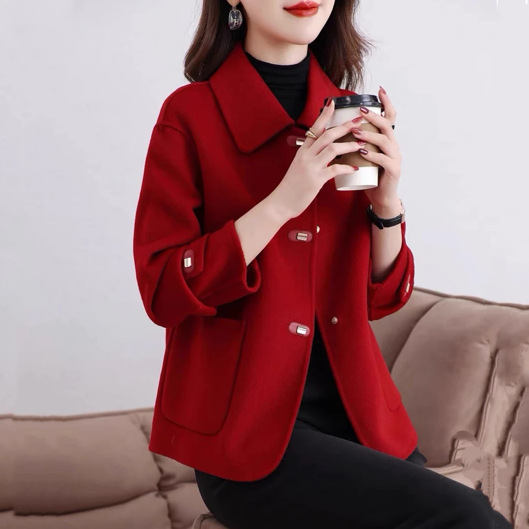 2025春秋冬新款大码女装外套宽松高级感双面绒毛呢大衣短款呢子