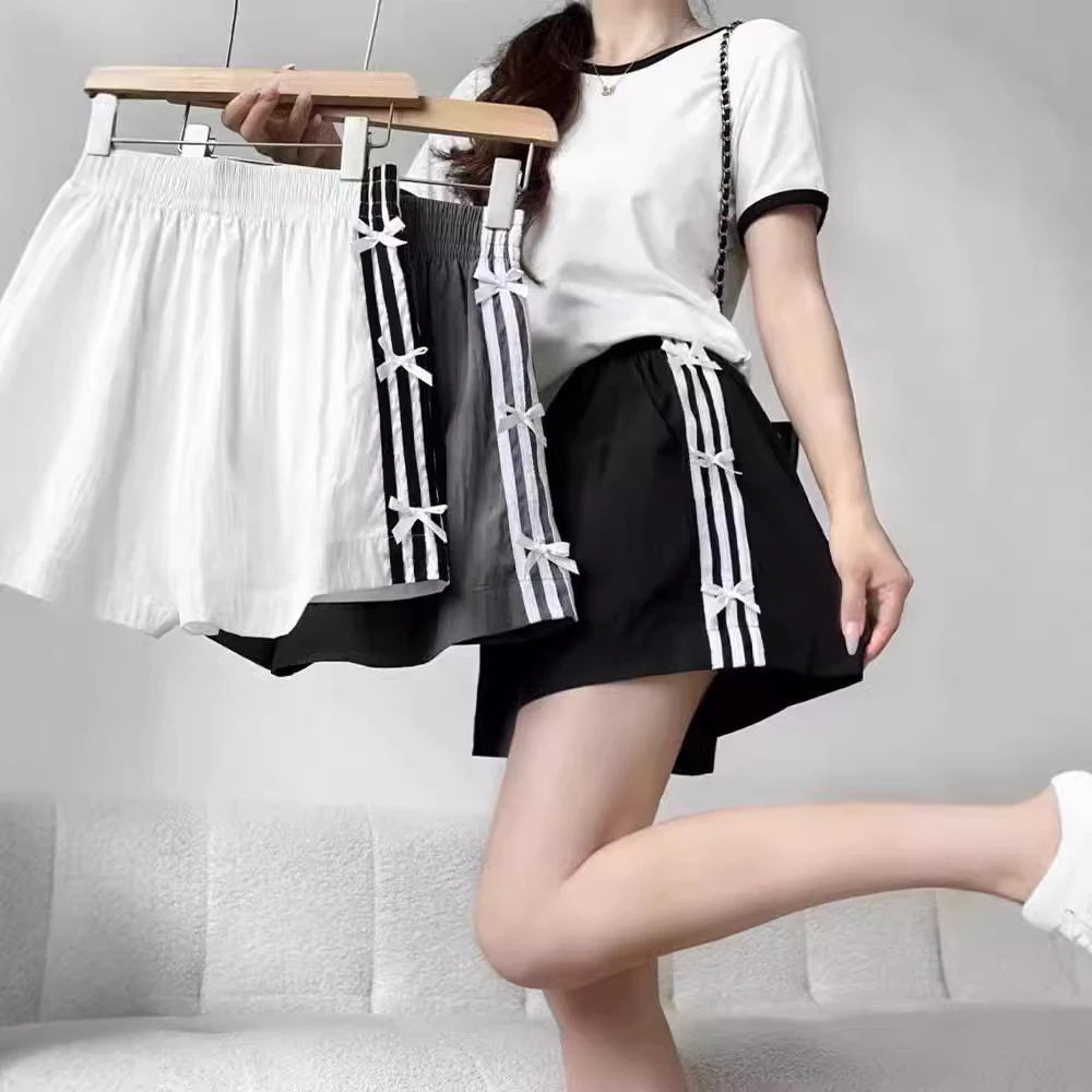 蝴蝶结运动短裤女夏季薄款2025年新款外穿速干阔腿休闲条纹五分裤