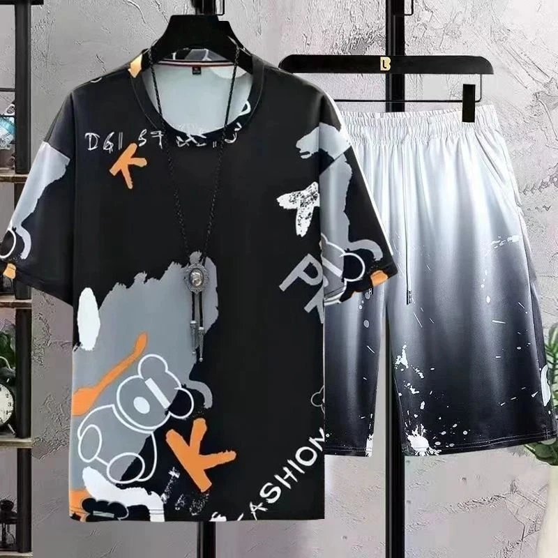 新款凉感短袖t恤男夏季渐变五分半袖男宽松上衣服青少年体恤T套装