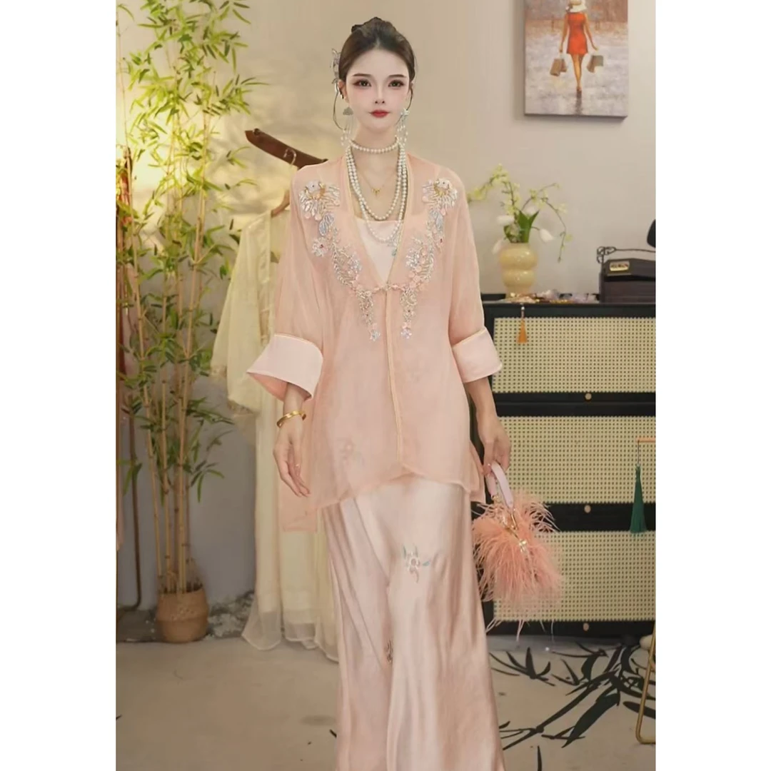 代佳莉2025春季新款中国风飘逸日常香槟长款套装（2869+3372）