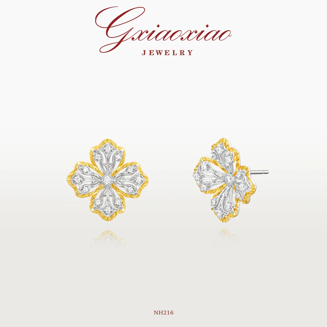G XIAOXIAO 镀K金 法式轻奢气质复古双色百搭四叶花耳环 NH216