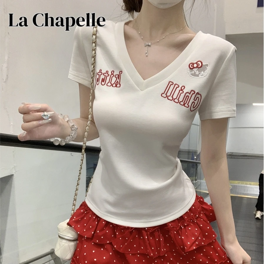拉夏贝尔夏季韩版v领纯欲撞色字母刺绣镂空减龄设计棉质短袖T恤
