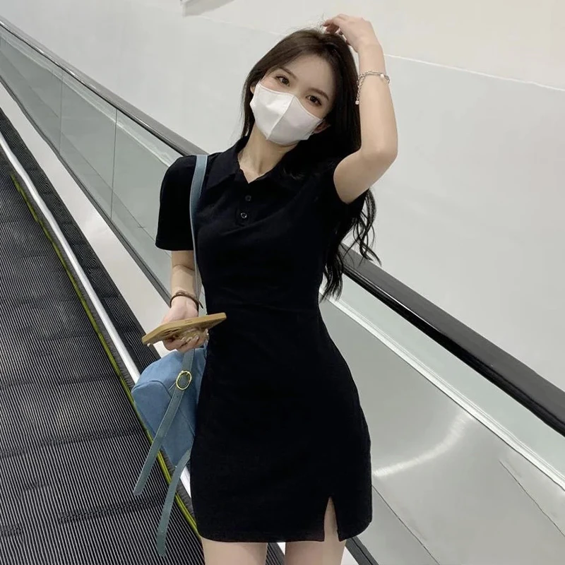 黑色修身Polo领包臀裙短袖裙子女夏季爆款2025新款显瘦开叉连衣裙