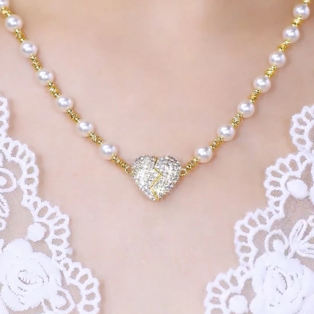 高级感镶钻爱心磁吸心形吊坠珍珠项链轻奢小众设计百搭气质锁骨链
