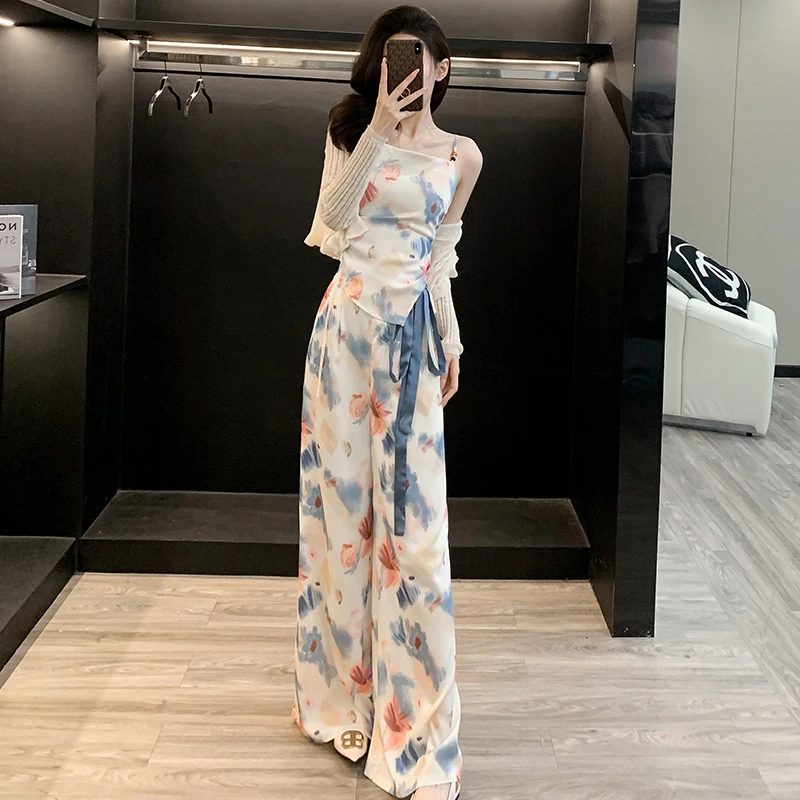 网红炸街时尚套装女2025夏新款气质绝美吊带背心垂感阔腿裤两件套