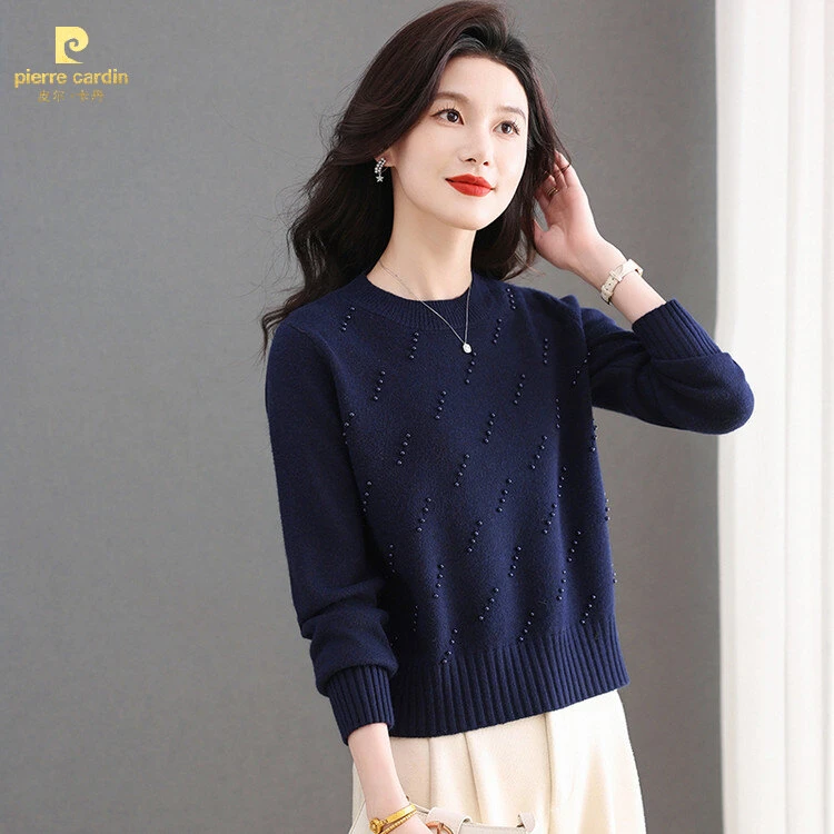 皮尔卡丹秋冬女新款珍珠条圆领长袖针织衫赫本风修身显瘦减龄短款