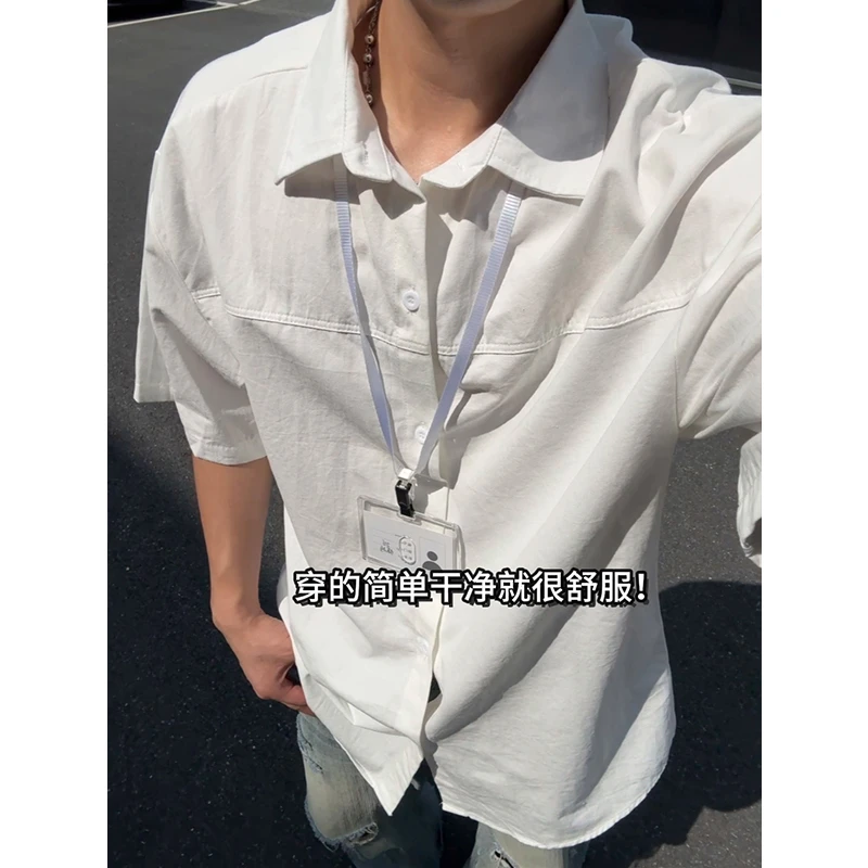 简约高级感白色短袖衬衫外套男夏季薄款潮牌痞帅衬衣宽松翻领上衣