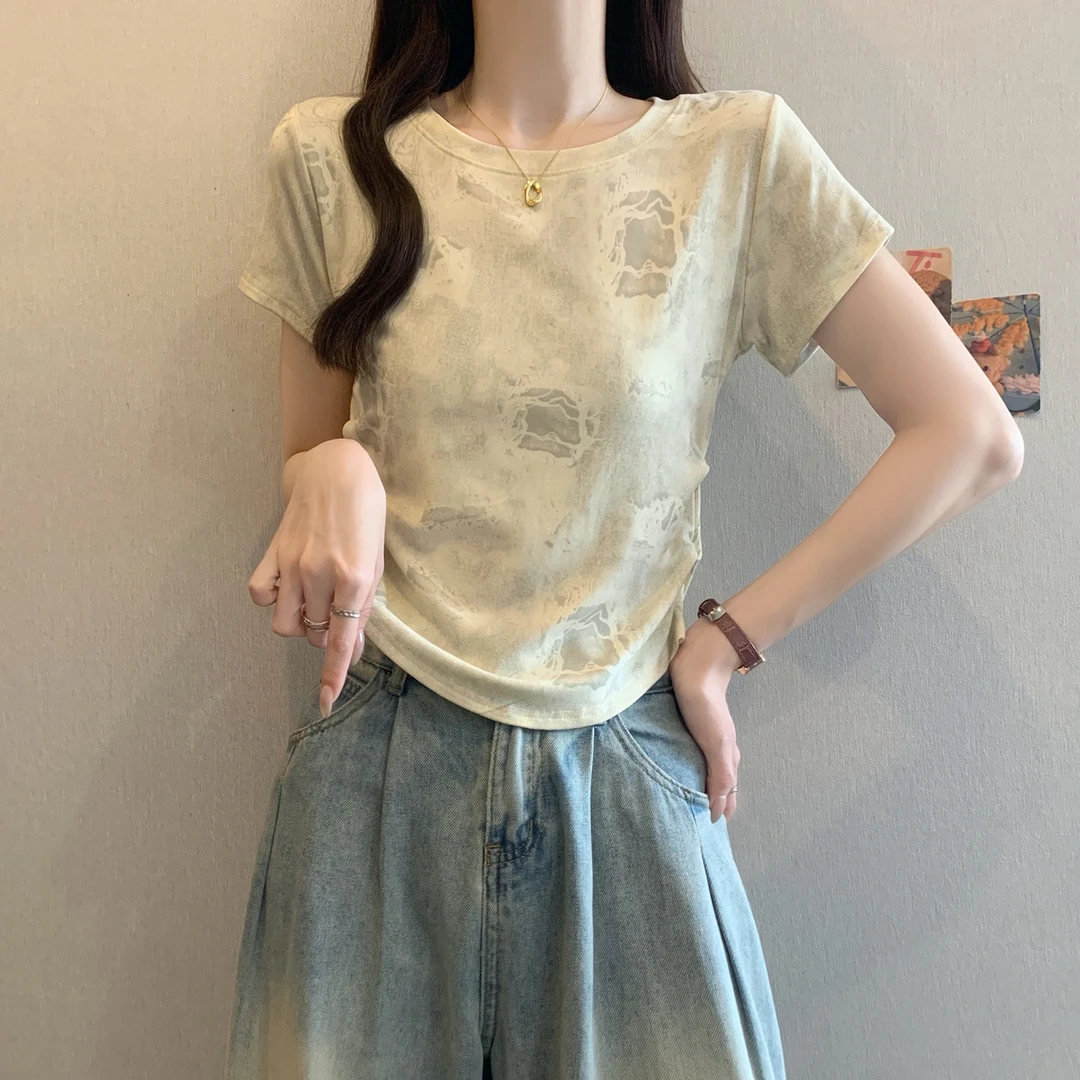 yoewshean/羽媗 夏季微胖mm大码女装新短袖t恤遮肚子显瘦圆领上衣