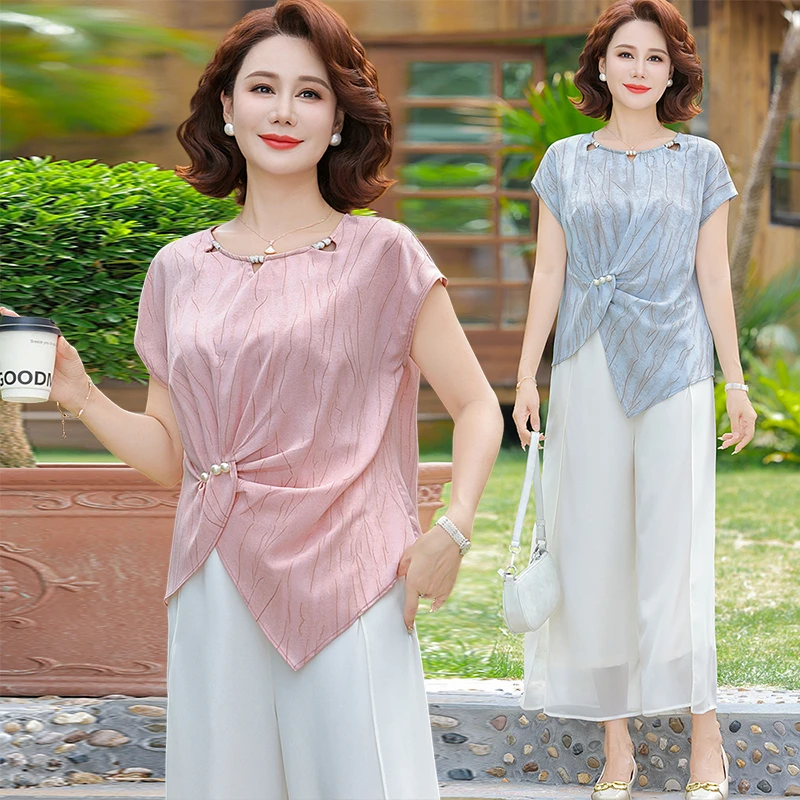 中年妈妈夏装洋气小衫高贵套装中老年女夏季气质感雪纺上衣两件套