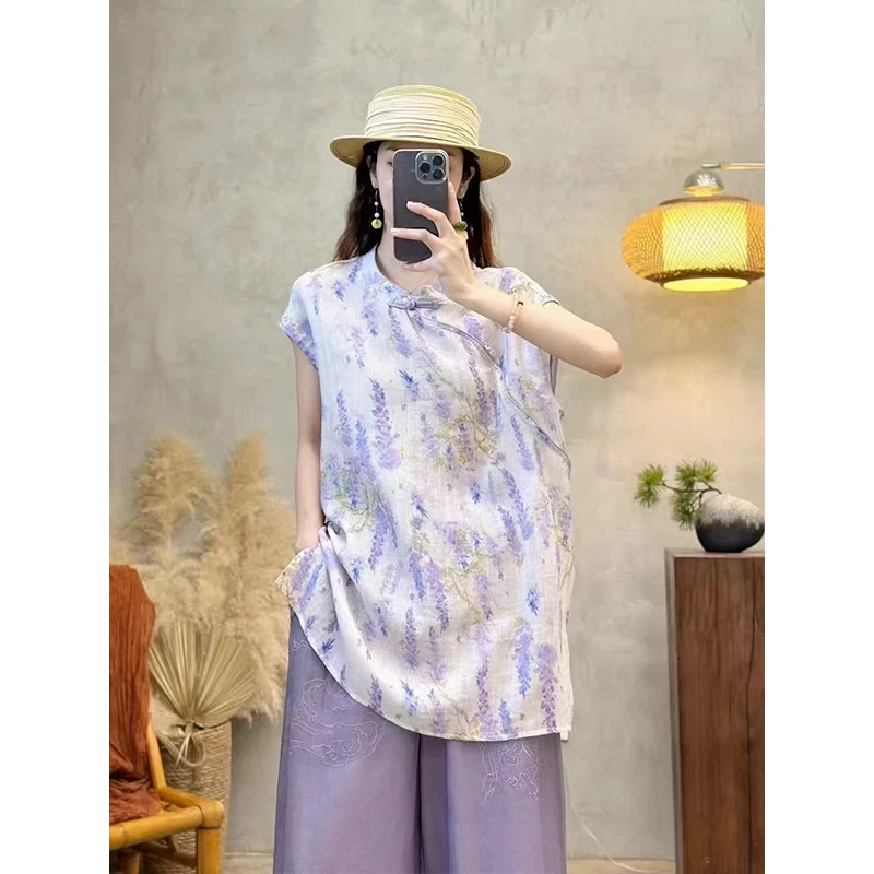 2025新款文艺复古盘扣印花短袖衬衫女宽松显瘦百搭国风新中式衬衣