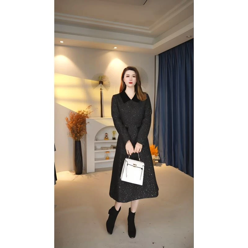 翻领小香风长袖连衣裙2024年秋冬女气质时尚显瘦优雅修身 1001