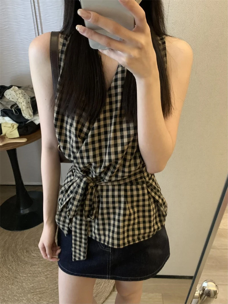 2025夏季新款辣妹纯欲复古格子V领吊带背心女绑带收腰显瘦上衣