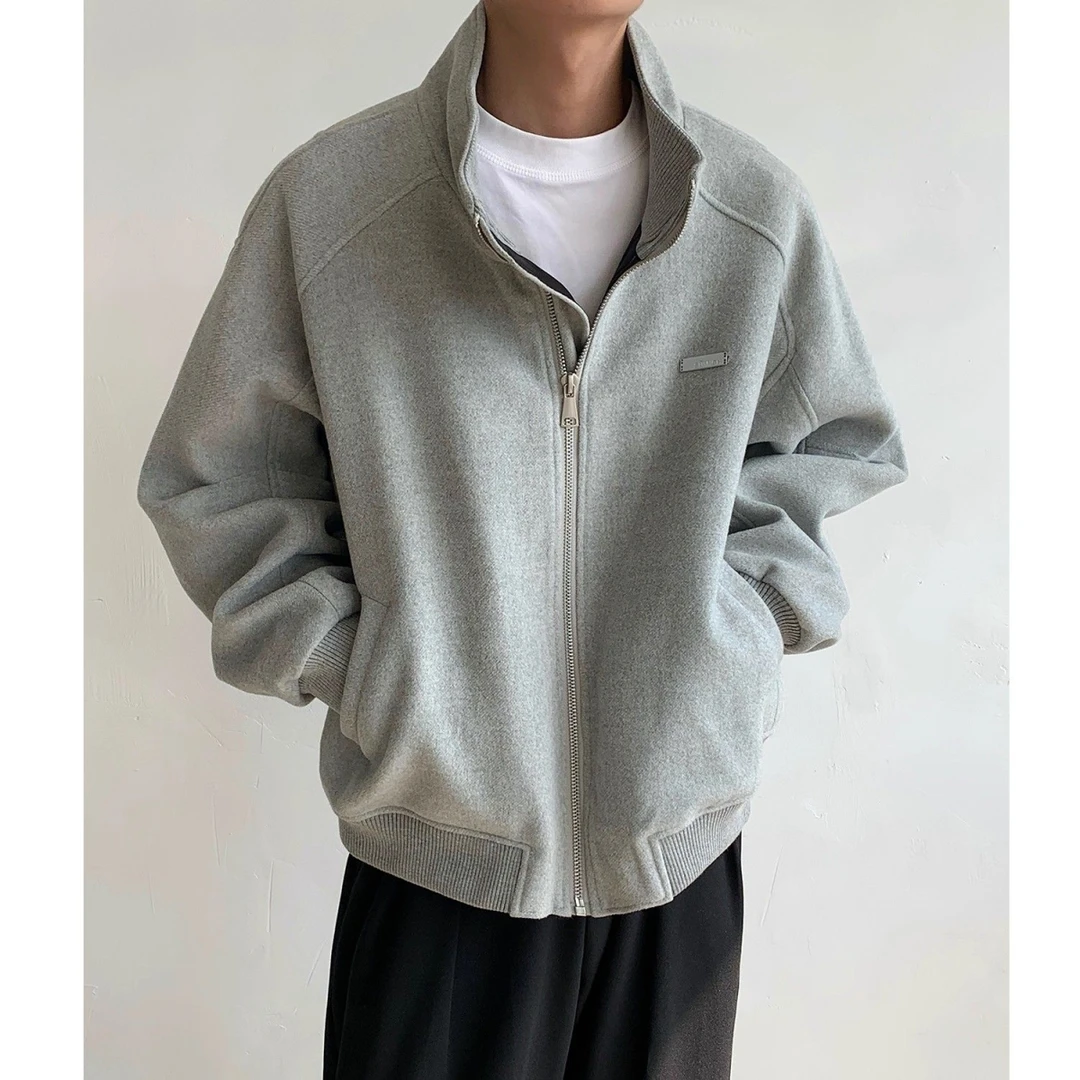 美式高街复古立领加厚呢子外套男秋冬季痞帅宽松廓形短款毛呢夹克