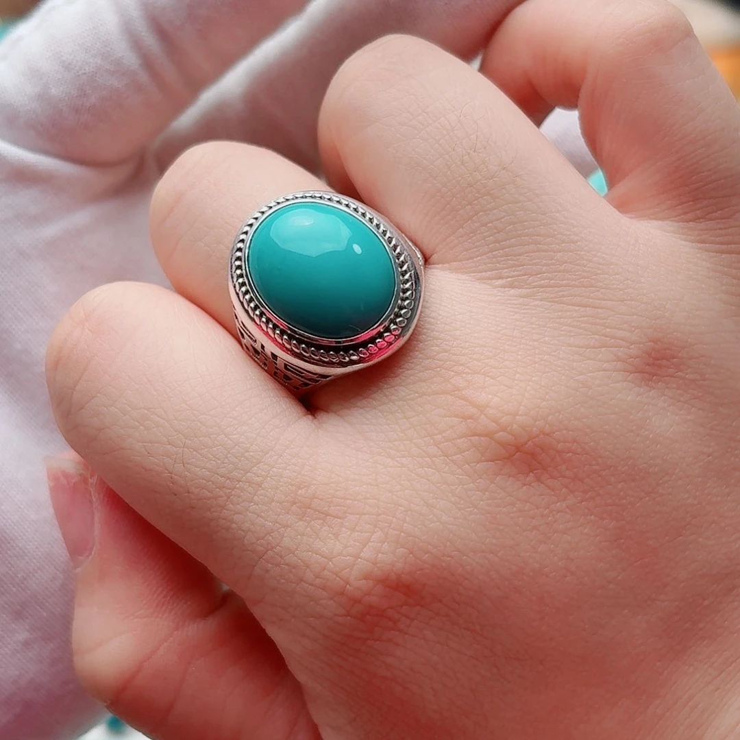 绿松石银S925镶嵌珠宝奇石大气戒指