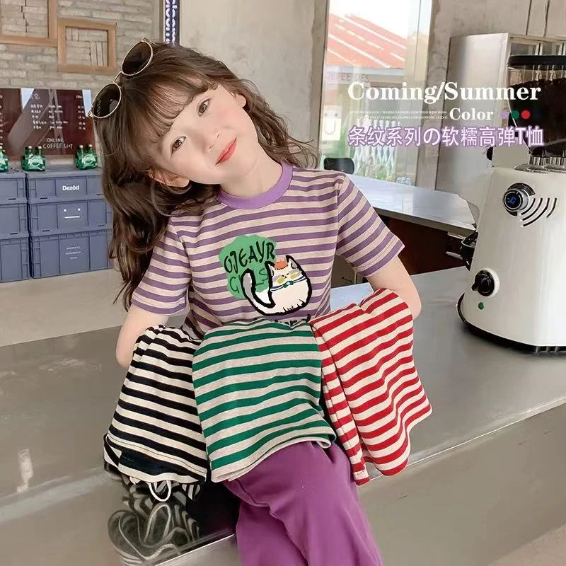 女童2025新款夏季时尚条纹短袖中性T恤宽松宝宝女宝童装休闲女孩