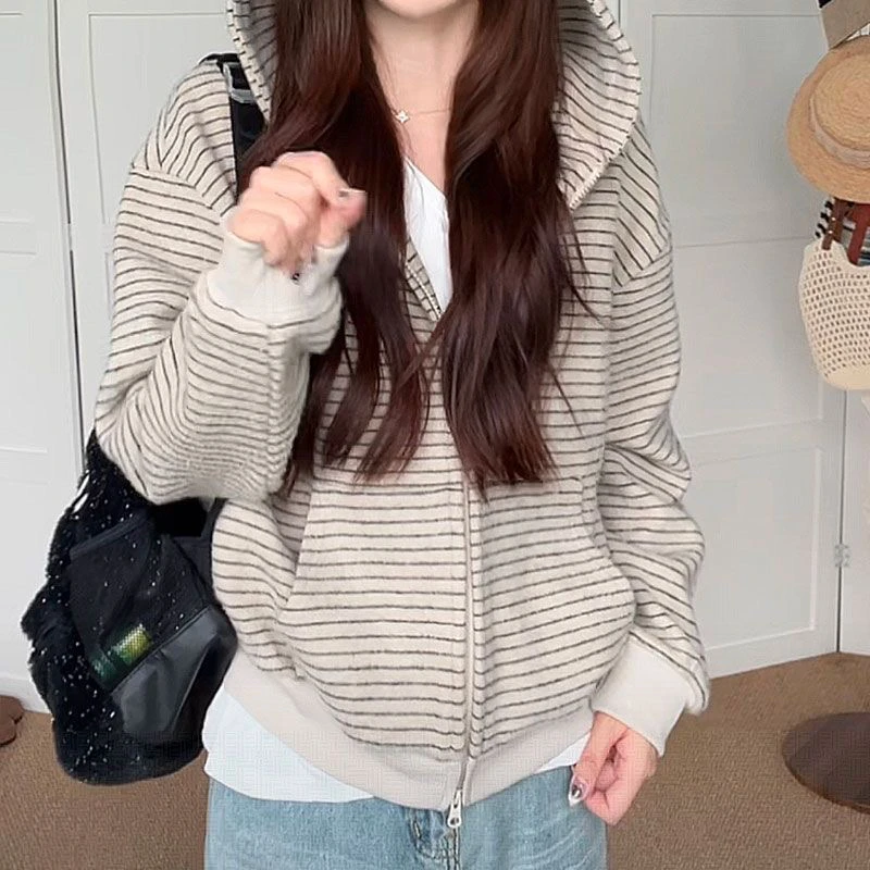 怡尔家条纹秋冬开衫连帽短款拉链宽松常规早秋常规款卫衣