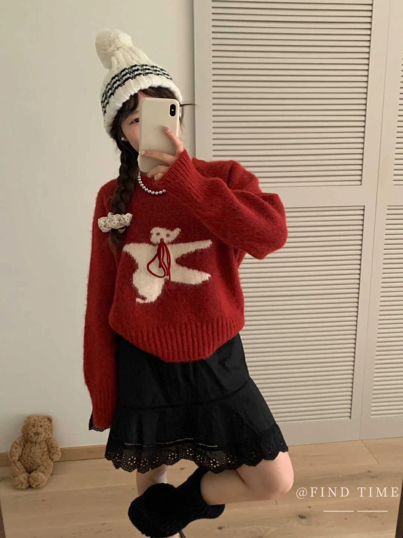 毛衣女熊毛针织衫秋冬红色时尚冬季外穿日系复古宽松套头